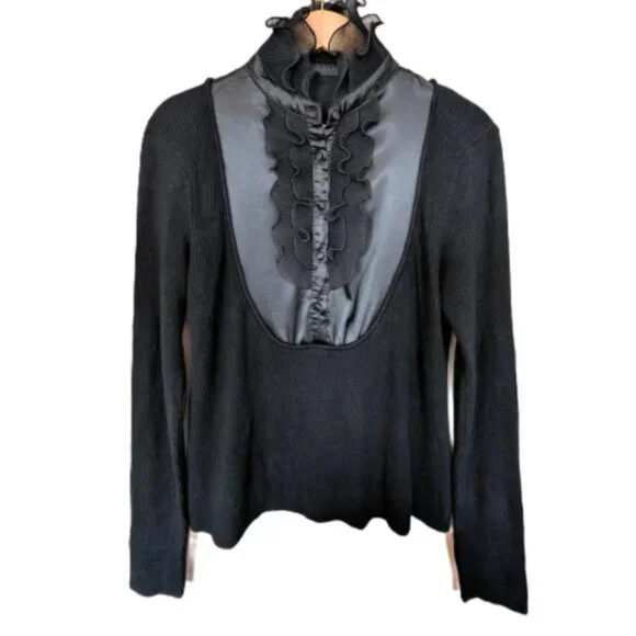 57 Collection Women's Ribbed Sweater With Ruffle and Silk Front Panel - Picture 1 of 10
